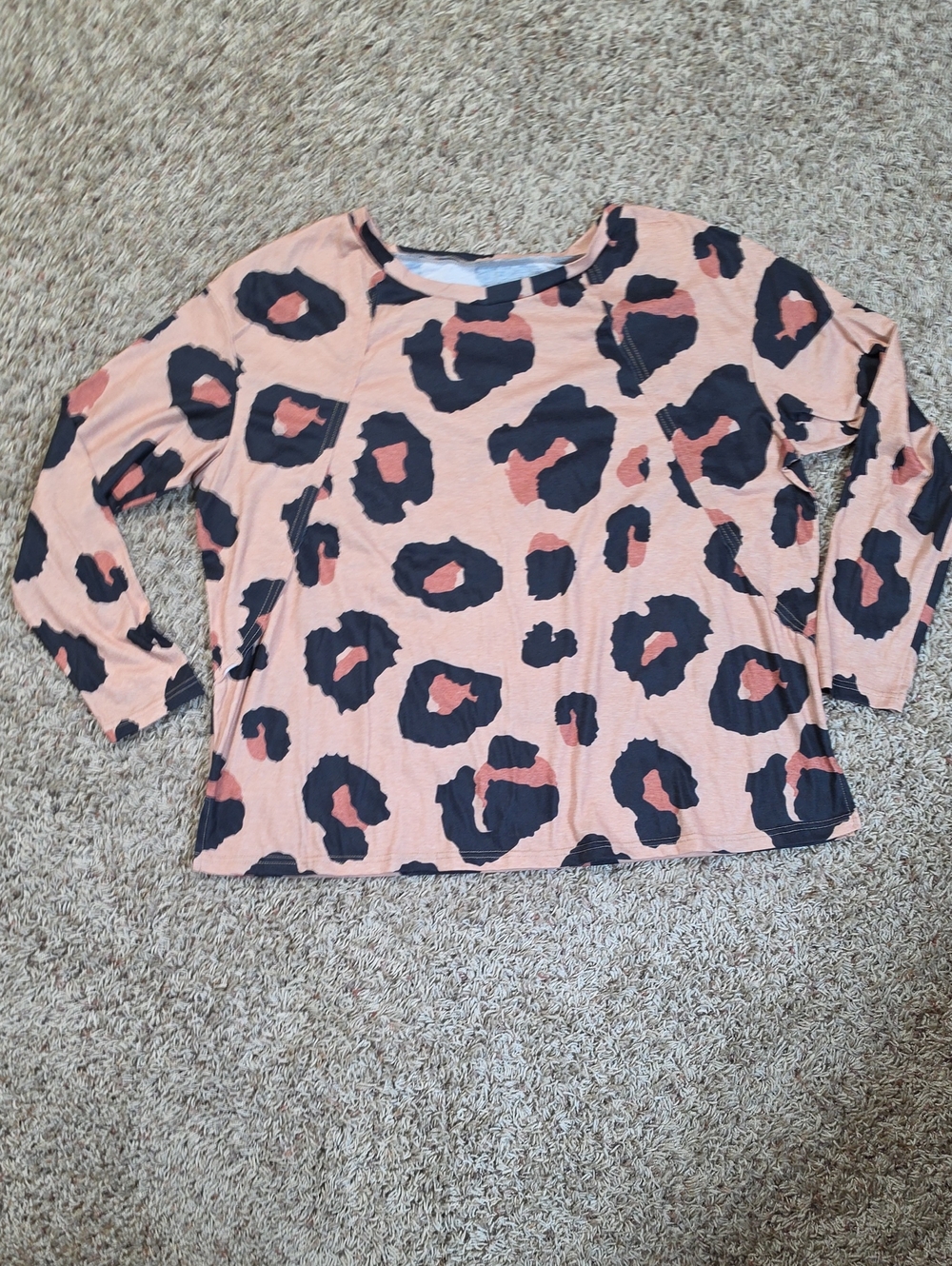 Womens Long Sleeve Leopard Print Top - Peach/Black